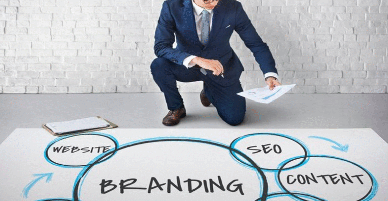 Entrepreneurial spirit - A person shaping a brand identity amidst a dynamic landscape.